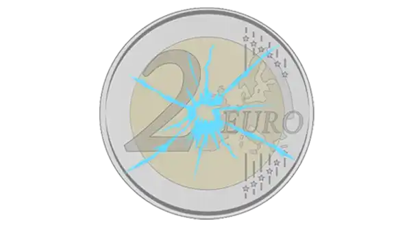 Grafik eines Euro-Geldstücks mit blauem Steinschlagsymbol, Hinweis auf kostenlose Reparatur Kostenlose Reparatur kleiner Steinschläge bei Autoglas Harris